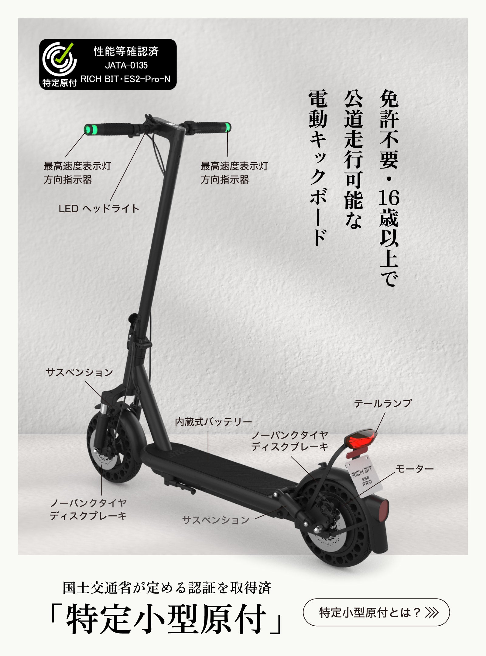RICHBIT ES2 Pro★特定小型原付 電動キックボード (免許不要・公道/歩道走行可能 )