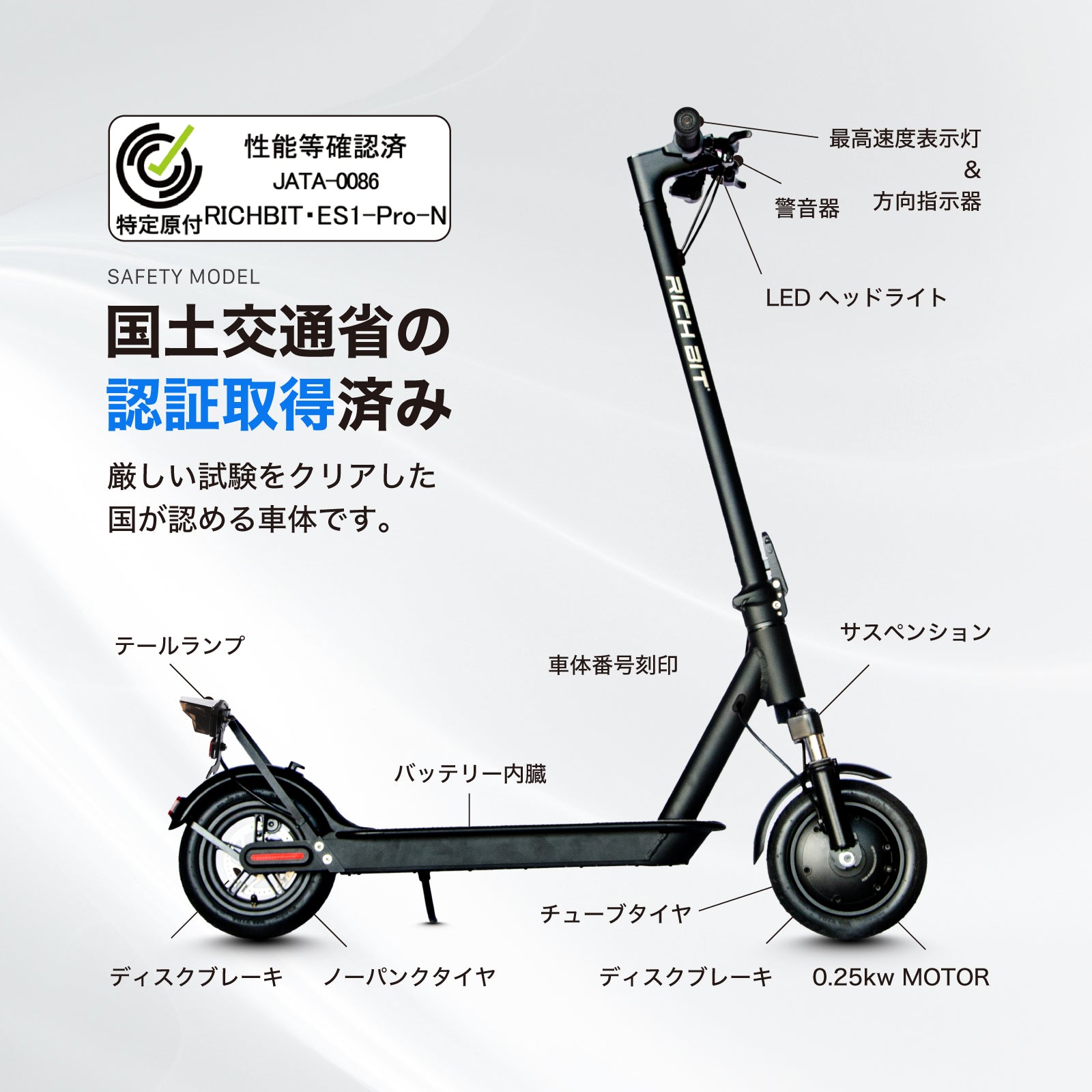 RICHBIT ES1 Pro★特定小型原付 電動キックボード (免許不要・公道/歩道走行可能 )マイナーチェンジモデル